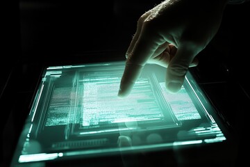 Man finger touch check mark, digital documents and files hologram. Copy space 