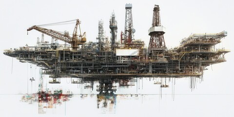 High-resolution image of a modern offshore oil platform against a clear blue sky, showcasing industrial energy production.