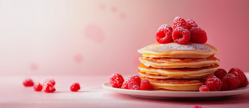 Stack of golden pancakes dusted with powdered sugar and garnished with fresh raspberries on a white plate - Powered by Adobe