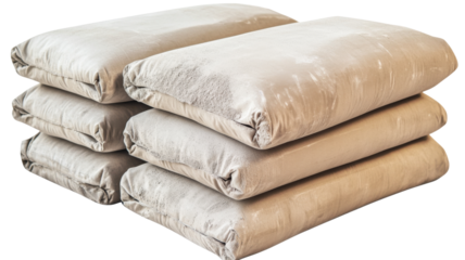 Stack of construction material bags containing cement or plaster on transparent background