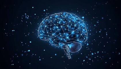 Digital Wireframe Illustration of a Human Brain in Blue