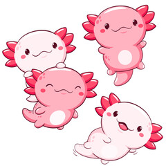 Set of axolotl in kawaii style. Lovely axolotl baby in different poses. Cute axolotl expression sheet collection. Can be used for t-shirt print, sticker, greeting card. Vector illustration EPS8