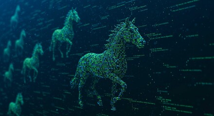 Digital Horse Trotting Across a Cyber Data Stream Abstract Technology Concept