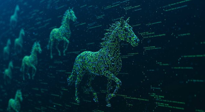 Digital Horse Trotting Across a Cyber Data Stream Abstract Technology Concept