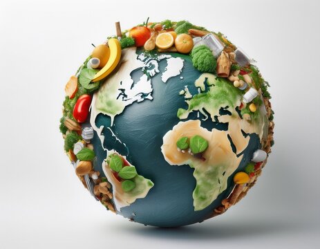 earth made of food waste; white background, minimal eco waste recycling idea 2