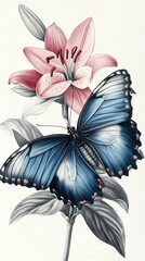 Obraz premium A vibrant blue butterfly rests on a delicate pink lily, showcasing nature's beauty.