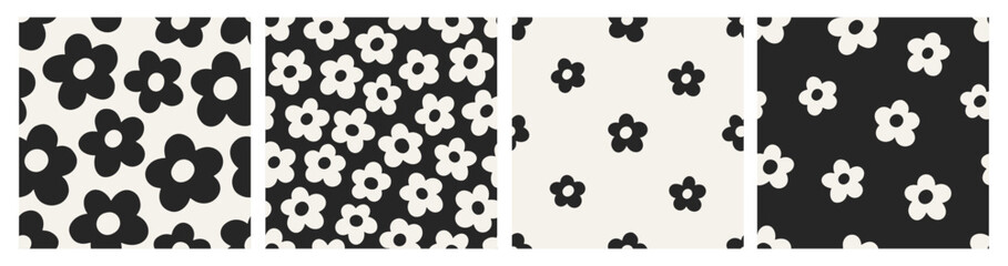 Fototapeta premium Daisy patterns set. Seamless groovy-style print, cute simple flowers. Floral textures, feminine backgrounds for trippy textile, fabric, wallpaper, wrapping design. Endless flat vector illustrations