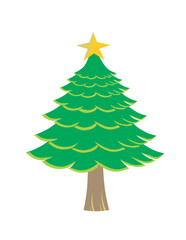 Decorative Christmas tree with a star on top, showcasing vibrant green foliage and a natural brown trunk