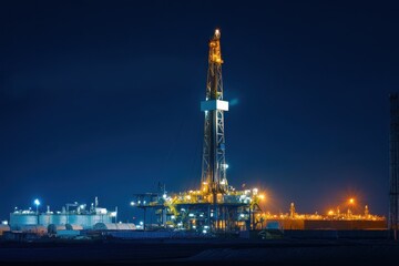 Obraz premium Stunning long exposure night shot showcasing the vibrant lights of an oil drilling site against a starry sky.