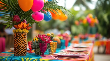 Vibrant and cheerful summer party decor with colorful tropical elements like palm leaves, bright balloons, and tiki torches. Tables have vibrant linens, tropical prints, exotic fruit centerpieces