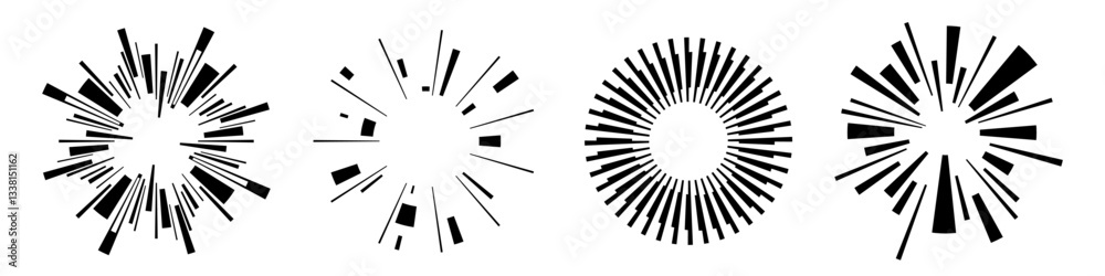Wall mural black vector shapes collection isolated on white background. abstract circular patterns. rays, beams