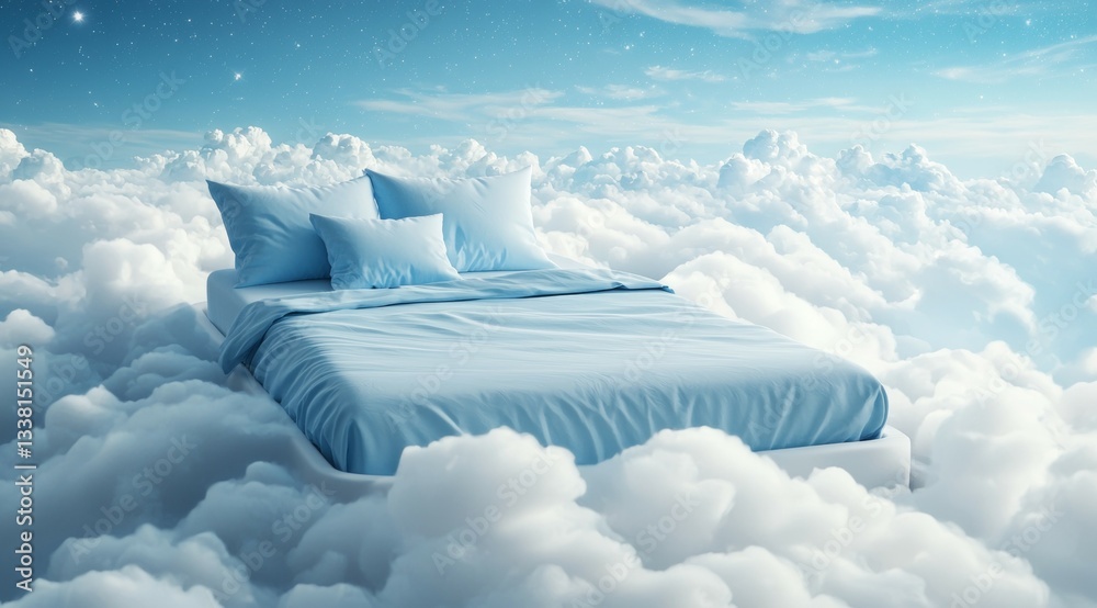Wall mural bed is floating in the sky with clouds surrounding it