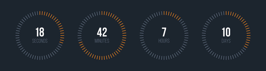 Vector circle countdown timer display. Time counter with seconds, minutes, hours and days. Orange and gray color display. UI countdown timer. Vector illustration.