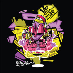 A vibrant and colorful graffiti-style vector illustration featuring a street art character with a snapback, hoodie, and sunglasses. Perfect for T-shirt designs, urban merchandise, and hip-hop-inspired