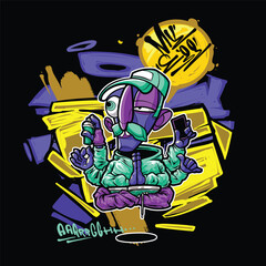 A vibrant and colorful graffiti-style vector illustration featuring a street art character with a snapback, hoodie, and sunglasses. Perfect for T-shirt designs, urban merchandise, and hip-hop-inspired