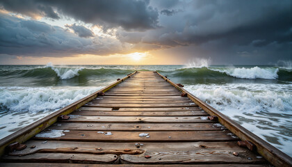 Fototapeta premium Weathered pier stretching into turbulent ocean under stormy skies, resilience