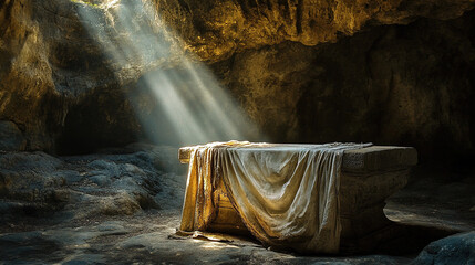 Suffering and Resurrection. The Empty Tomb of Jesus. The concept of Easter or resurrection. He has been resurrected, with holy light shining in and possessing a sacred atmosphere