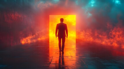 Obraz premium Businessman walking on a glowing arrow path leading to a bright future success concept 3D render