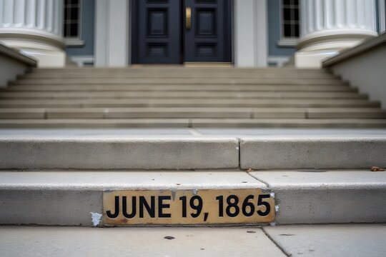 A historic courthouse with a faded "June 19, 1865" marker on its steps.  