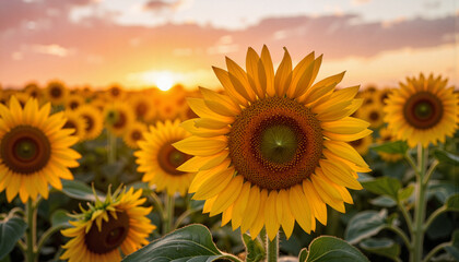 Fototapeta premium Vibrant sunflowers glowing at sunset, nature's beauty