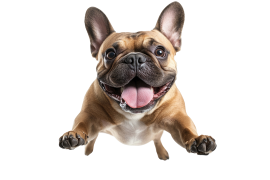 A joyful French Bulldog leaps into the air with a wide smile and open mouth. Its ears are perked up, showcasing excitement. The background is plain white, emphasizing the dog's playful nature