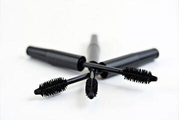 Mascara brushes on white background, beauty concept.