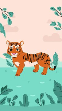 Cute baby tiger in a jungle landscape 2d
