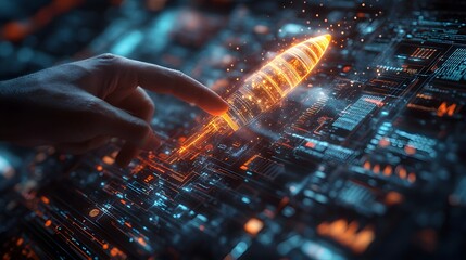 Executive holding a neon rocket hologram surrounded by futuristic business graphs growth 3D render