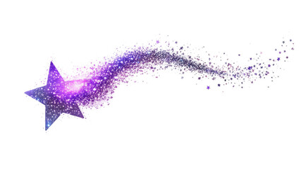 Obraz premium A vibrant star with a purple hue is depicted, leaving a sparkling trail behind it. The tail is filled with glittering particles that resemble stardust, creating a magical effect