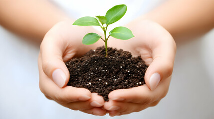 Hands gently cradling a young plant and soil