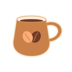 Coffee cup, mug with coffee beans print. Flat vector illustration. Sticker, label, symbol, clipart for coffee lovers, menu, coffee shop, branding, kitchen, cafe, cafeteria.