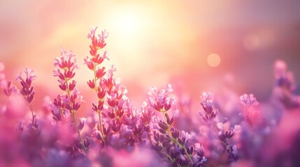 Obraz premium Lavender flowers create a beautiful natural background during a colorful sunset