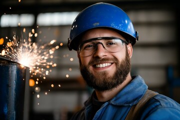 Young caucasian male welder smiling with safety gear and welding sparks in industrial setting