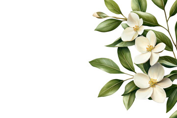 Obraz premium White flower with green leaves is the main focus of the image, isolated
