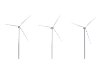 Three wind turbines are shown in a row, each with three blades, isolated