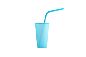Blue plastic cup with a straw in it, isolated