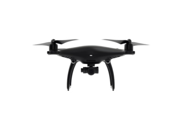 Black drone with two propellers is sitting on a white background, isolated