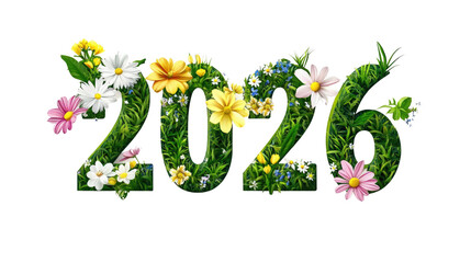 This vibrant display features the number 2026, intricately designed with bright flowers and lush greenery, celebrating nature's beauty in a cheerful and festive manner