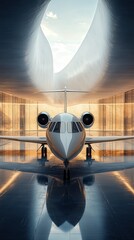 Sleek aircraft parked in modern hangar.