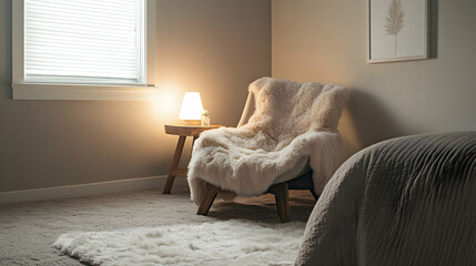 Cozy Bedroom Corner With Fluffy Chair And Lamp