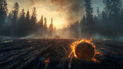 Forest Fire Burning Log and Undergrowth at Sunset