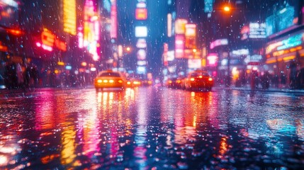 Rainy Night in the City: Neon Lights Reflecting on Wet Streets
