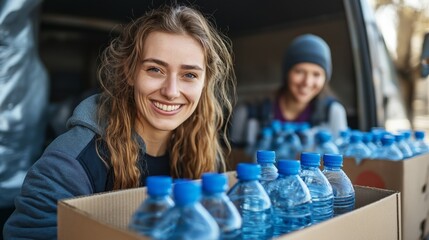 Obraz premium Two enthusiastic volunteers smile while delivering boxes of bottled water to support their community, promoting kindness and assistance among neighbors. Their positive energy shines through