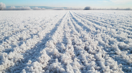 Snow Covered Winter Field With Furrow Lines