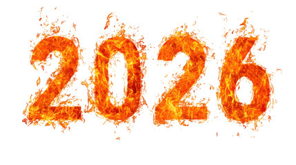 Fiery numbers display the year 2026, crafted from bright flames that create a dynamic and energetic visual effect, suggesting intensity and excitement for the future