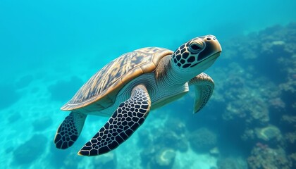 Obraz premium A graceful sea turtle glides effortlessly through the vibrant, cerulean depths, its shell adorned with intricate patterns, a testament to the beauty of marine life.