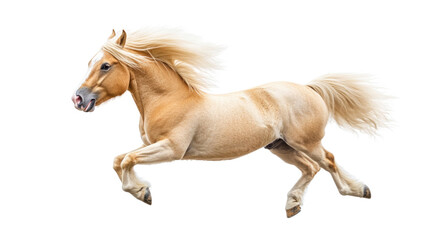 A magnificent horse with a golden coat and long mane is captured mid-gallop, displaying its speed and grace in a vibrant environment. The powerful animal exudes vitality