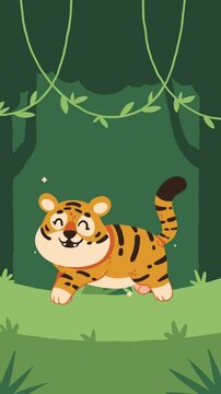 Cute baby tiger in a jungle landscape 2d
