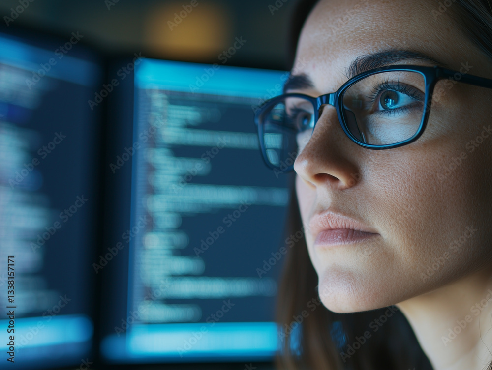 Poster Focused woman programmer analyzing code on computer screens, close up thoughtful expression with glasses reflecting digital data, technology concept