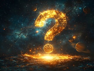 Majestic Cosmic Query   Glowing Question Mark Floating in Starry Space Symbolizing Life s Mysteries long title Majestic Cosmic Query   Glowing golden